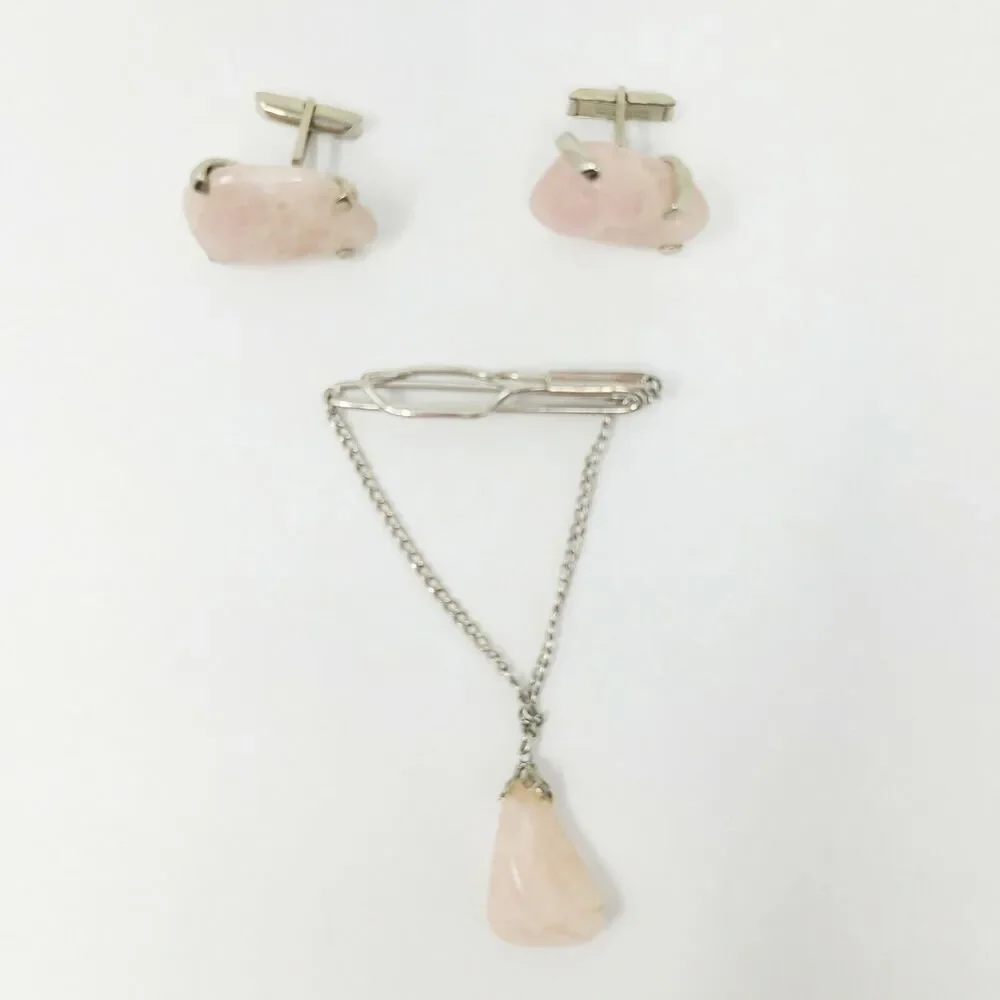 Mens Vintage Natural Pink Quartz Stone Cufflinks and Tie Bar Clip Set Jewelry